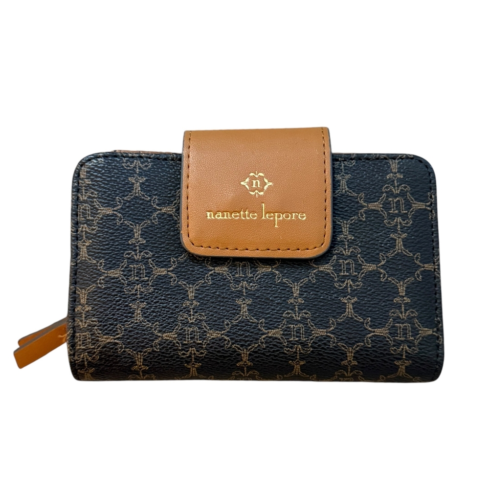 Navy Patterned Wallet with Tan Leather Flap and Gold Emblem